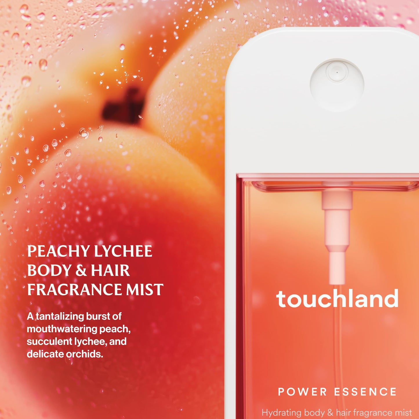 Touchland Hydrating Body & Hair Fragrance Mist – Peachy Lychee – 2 FL OZ Travel Size Perfume Spray – Notes of Lychee, Orchids, and Peach