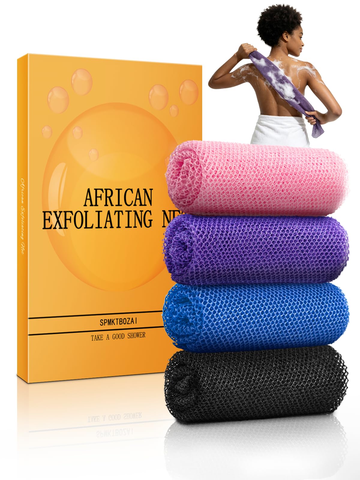 SPMKTBOZAI 4 Pack African Net Sponge, Authentic African Exfoliating Net Sponge for Body & Back, Extra Long Stretchable African Wash Cloth Bath Scrubber for Smooth Skin & Daily Shower