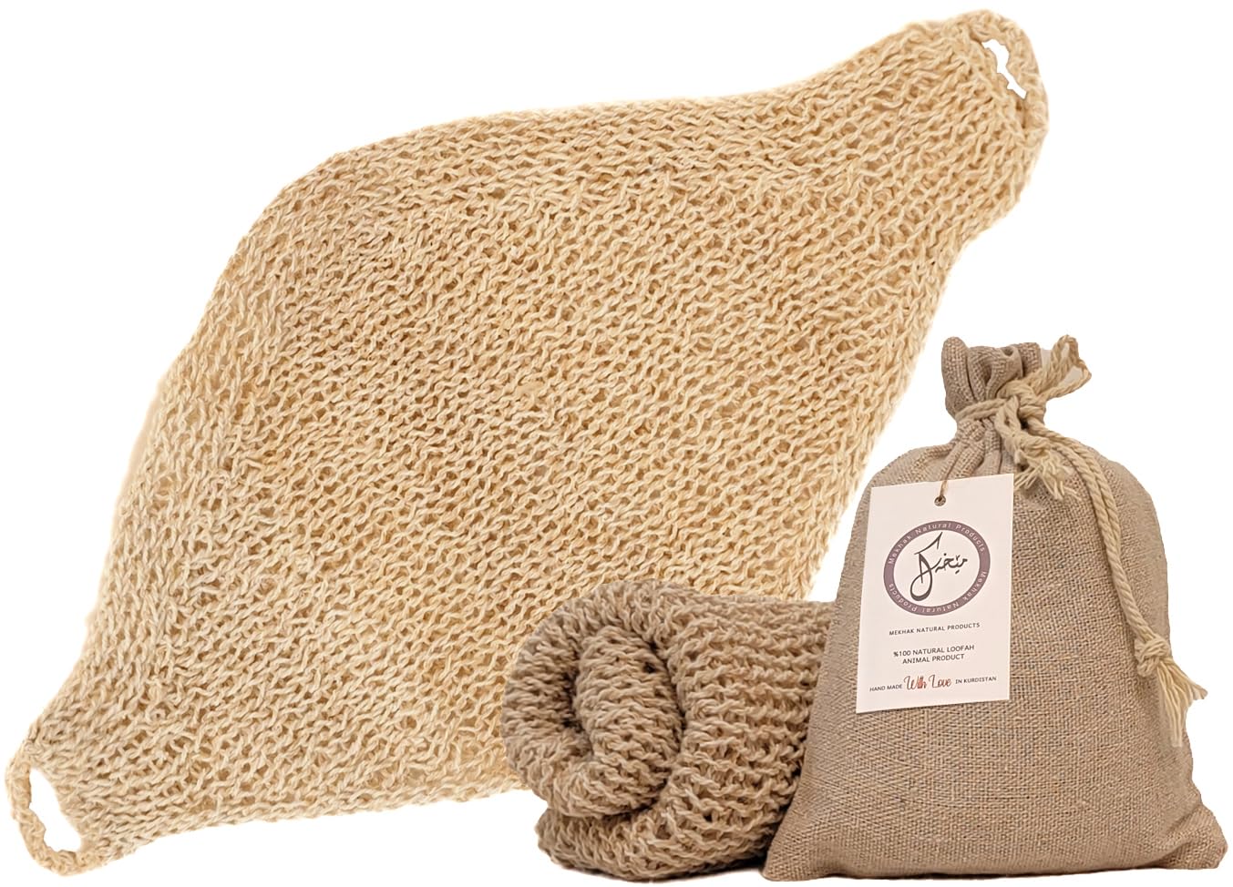 Natural Loofah Exfoliating Body Scrubber, Handmade Durable Wash Cloth, Back Scrubber with Handles for Bath and Shower, Deep Clean, Skin Care, Kurdish Loofah, Bath Accessories