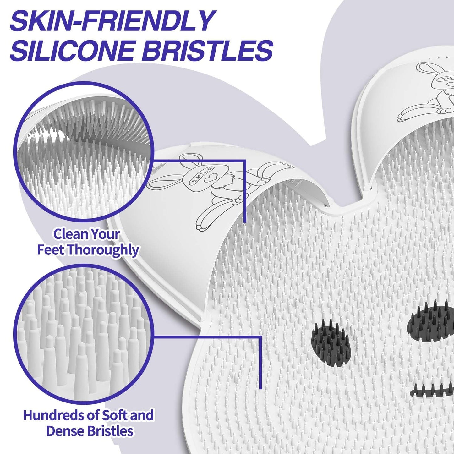 Manmihealth Extra-Large Shower Foot Scrubber Mat with Non-Slip Suction Cups, Rabbit-Shaped Silicone Foot Scrubber in Shower for Men & Women (White)