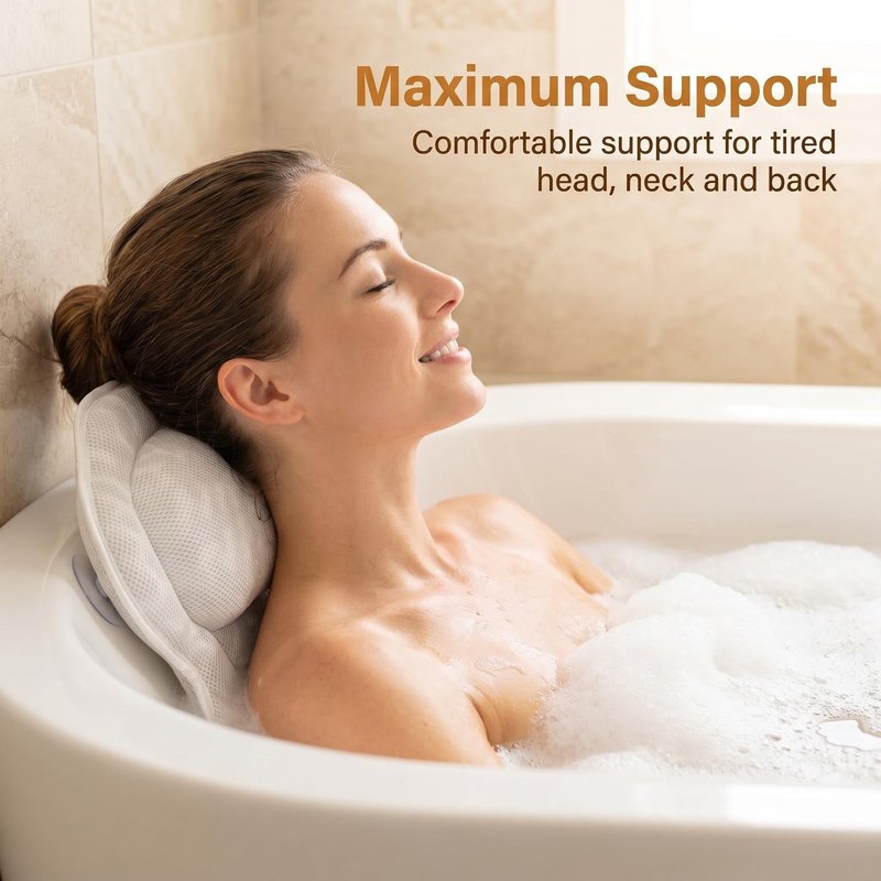 LIBRALUX Bath Pillows,Bathtub Pillows for Head and Neck Back Support,Bath Pillows for Tub with Soft 4D Breathable Mesh Fabric and Nonslip Suction Cups,Relaxing Bath Accessories Spa Gifts .(Wave White)
