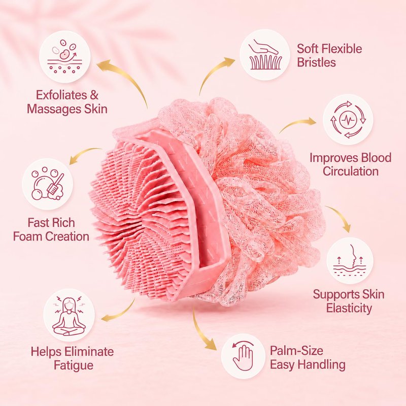 2-in-1 Silicone Body Scrubber & Mesh Loofah Sponge – Exfoliating Silicone Shower Scrubber with Soft Loofa Puff, Bristles, Non-Slip Grip, Quick Dry, Hygienic Body Scrubber for Women & Men