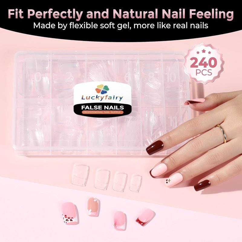 Luckyfairy Short Square Nail Tips: 240PCS Soft Gel Pre-filed Short Square Fake Tips, 12 Sizes Full Cover Acrylic False Press On Nails for DIY Nail Art Home Salon
