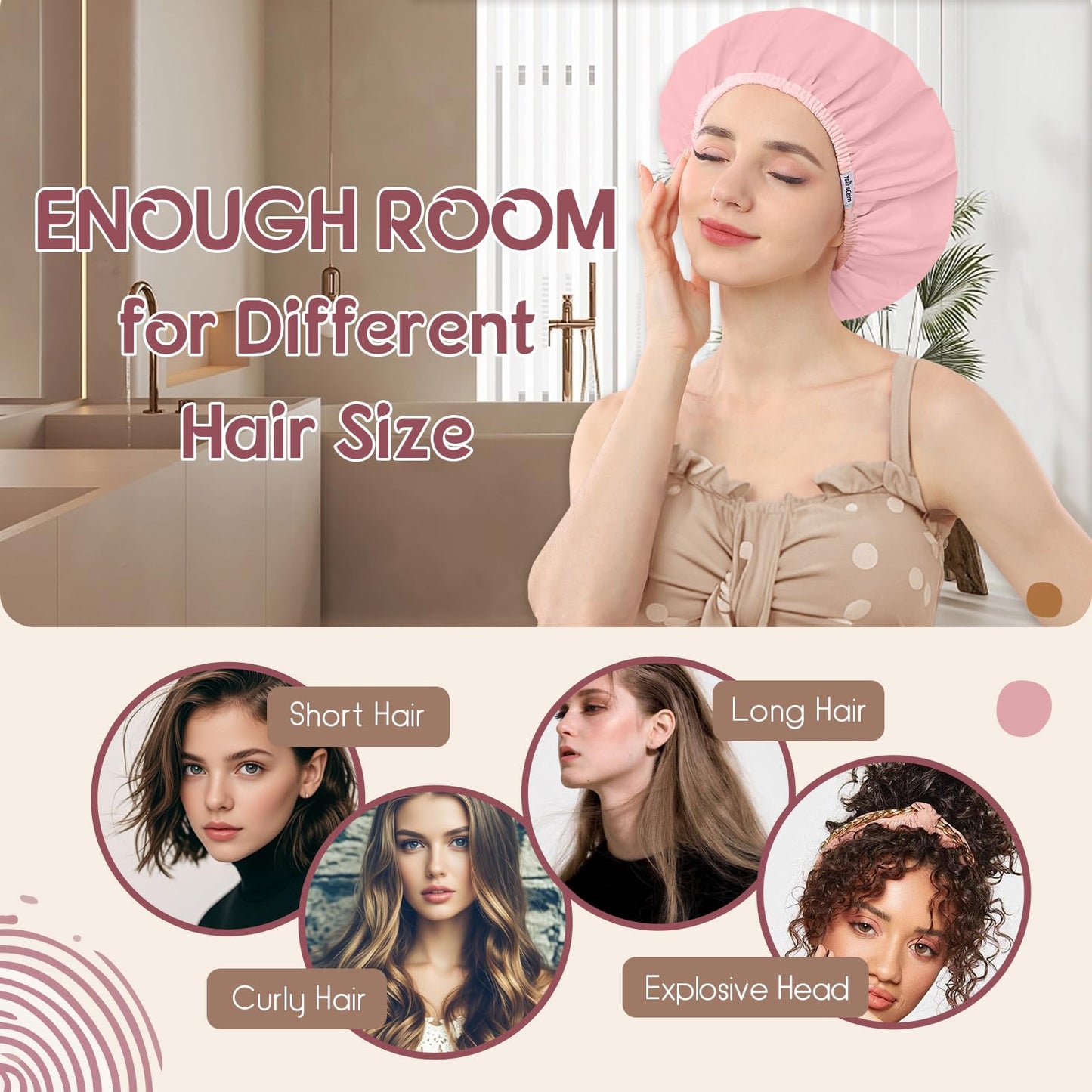 Years calm Luxury Shower Caps for Women Reusable Waterproof – Polka Dot Double Layer Bath Cap with Adjustable Elastic for Braids & Long Hair, Comfortable & Stylish, Versatile Use (Pink)