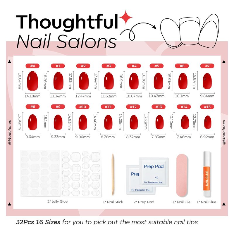 modelones Sheer Red Short Press on Nails, Semi-Transparent Oval Fake Nails Kit Press Ons with Nail Glue, Adhesive Tabs, Nail File, Prep Pad, Manicure Stick, 32Pcs 16 Sizes, Spring Women Girl Gift