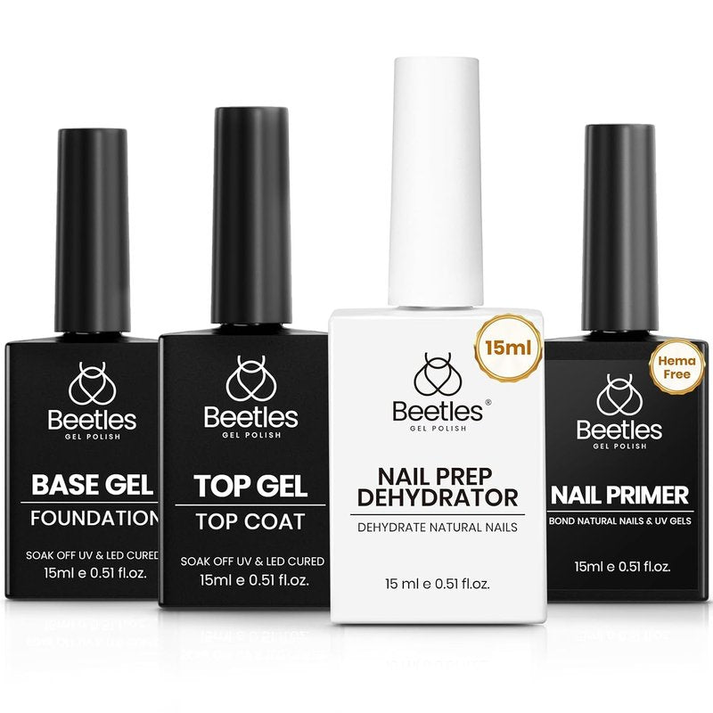 Beetles 4Pcs Top Coat and Base Coat Gel with Nail Dehydrator and Primer Set Acid-Free Hema-Free Nail Bond for Gel Polish Acrylic Nails, Long-Lasting for Professional Manicure Prep Kit