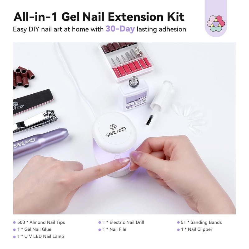 SAVILAND Pro Gel Nail Kit - 500 PCS Strong Nail Glue & UV Lamp | Short Almond Tips in 12 Sizes for DIY Home & Salon Use