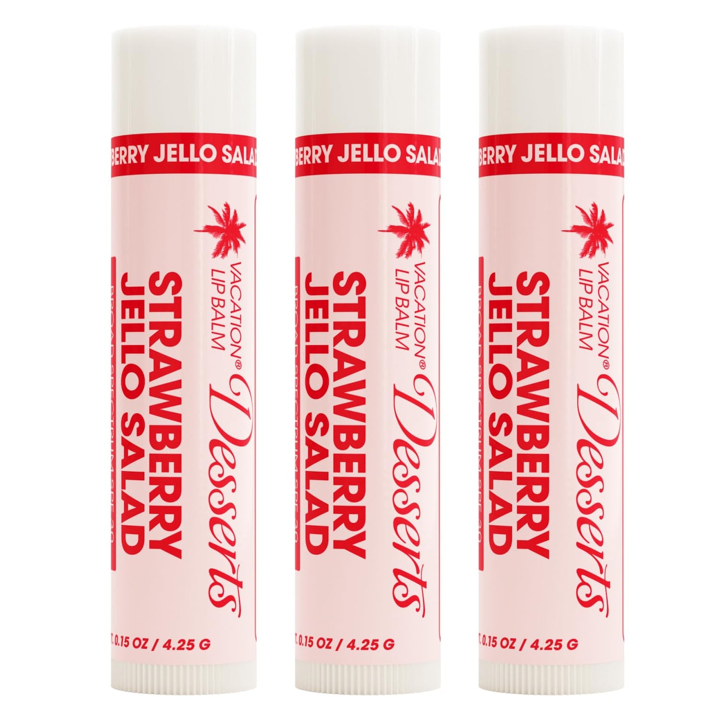 Vacation Strawberry Jello Salad SPF 30 Lip Balm, Pack of 3 - Hydrating Sunscreen for Lips, Water-Resistant, Lightweight, Transparent Sheen, Vegan