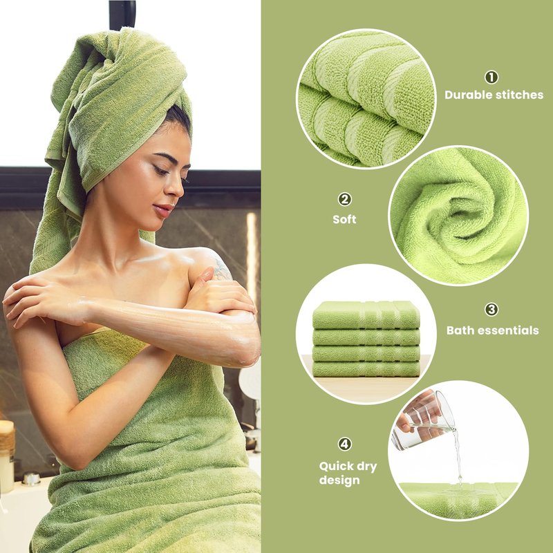 Bath Towels 27x54 – Pack of 4 | Soft & Quick-Dry | Highly Absorbent 100% Ring Spun Cotton Towels for Bathroom, Spa, Home & Hotel Use (Green)
