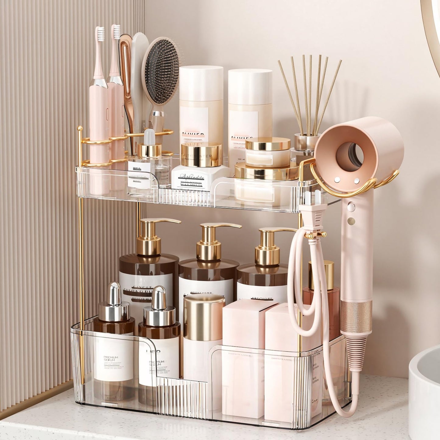 Weidace Bathroom Counter Organizer for Vanity, Makeup Organizer Countertop with Holder, Large Capacity Storage Rack, Perfect Large Skincare, Hair Care, Perfume, Easy to Install (Clear, 2Tiers)