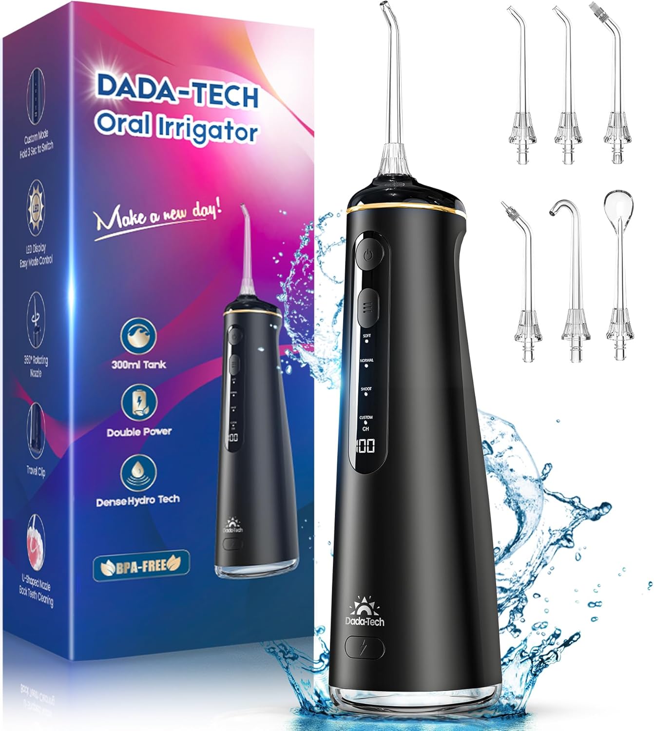 Water Flosser - Cordless Oral Irrigator with 8 Modes & 7 Jets | 300ml Tank for Braces - Rechargeable Black