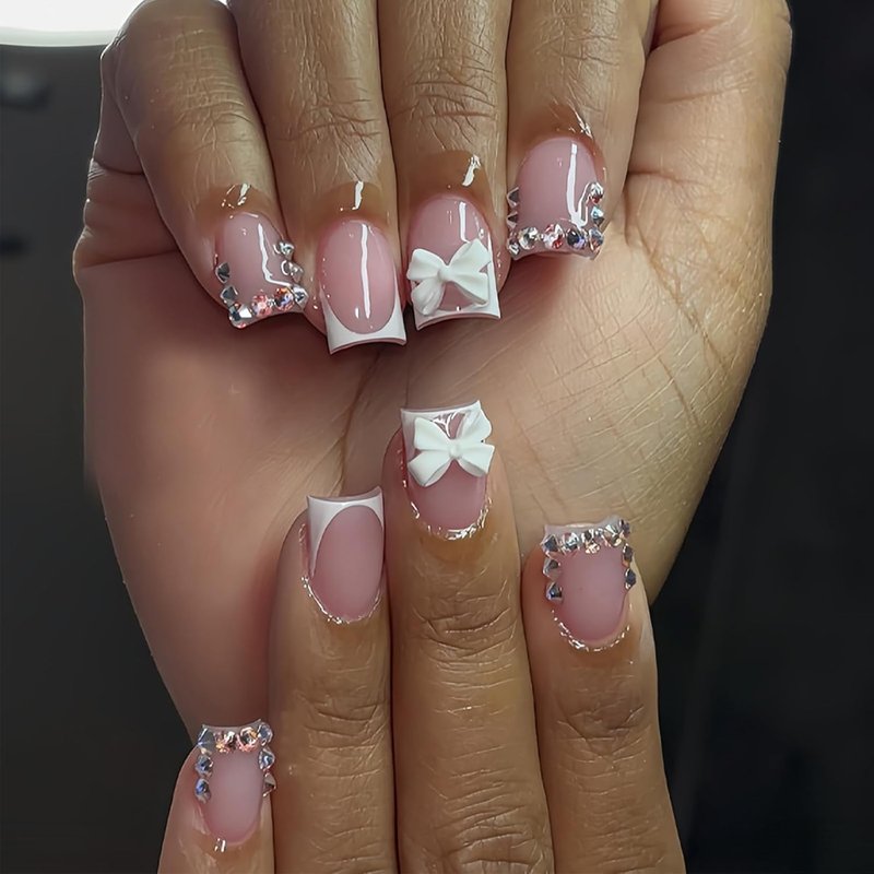 Skiennix 24Pcs Short French Tip Press-On Nails - Glossy Pink with 3D White Bow & Rhinestones | Reusable Acrylic for Weddings & Daily Use