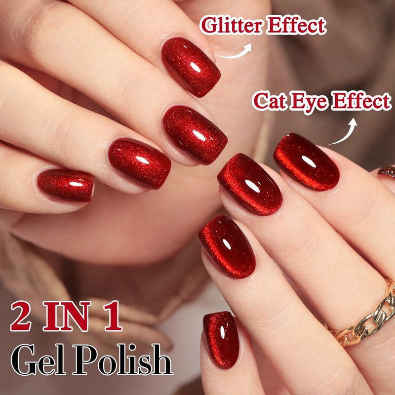 Cat Eye Gel Polish - 0.5 OZ Magnetic Holographic Glitter | Blood Red 15ML Translucent Jelly Color for Salon & DIY Nails