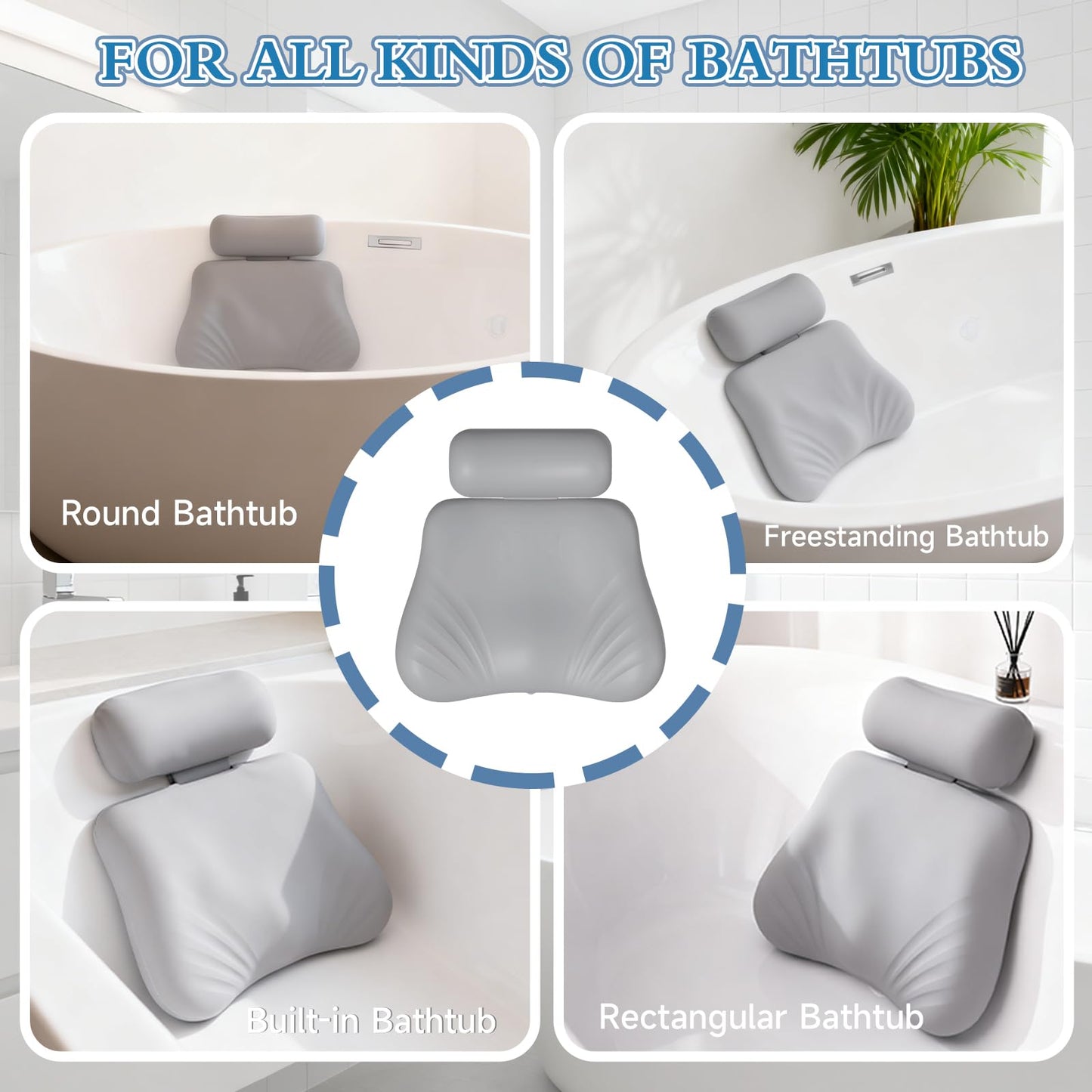 Upgraded Silicone Bath Pillow, 4D Press Inflatable Airbag and Non-Slip Large Suction Cups, Adjustable Head Neck and Back Support, Comfortable Luxury Bath Pillows for Tub, Bath Spa Accessories Gray