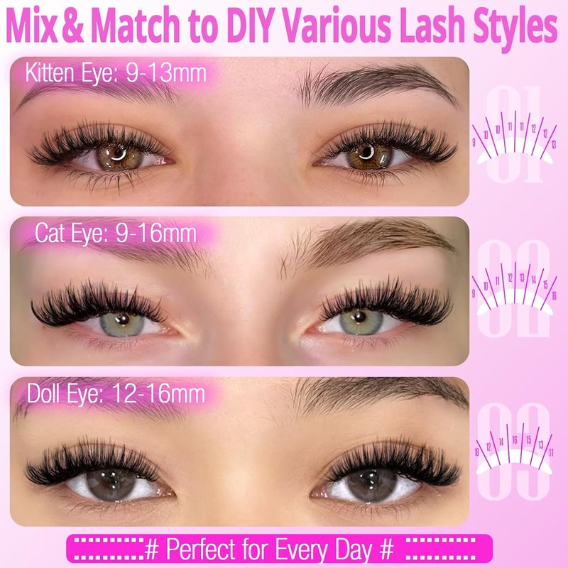 Eyelash Clusters Kit - 320pcs D Curly 9-16mm Individual Lashes | Wispy Extensions with Bond, Seal & Applicator for Beginners