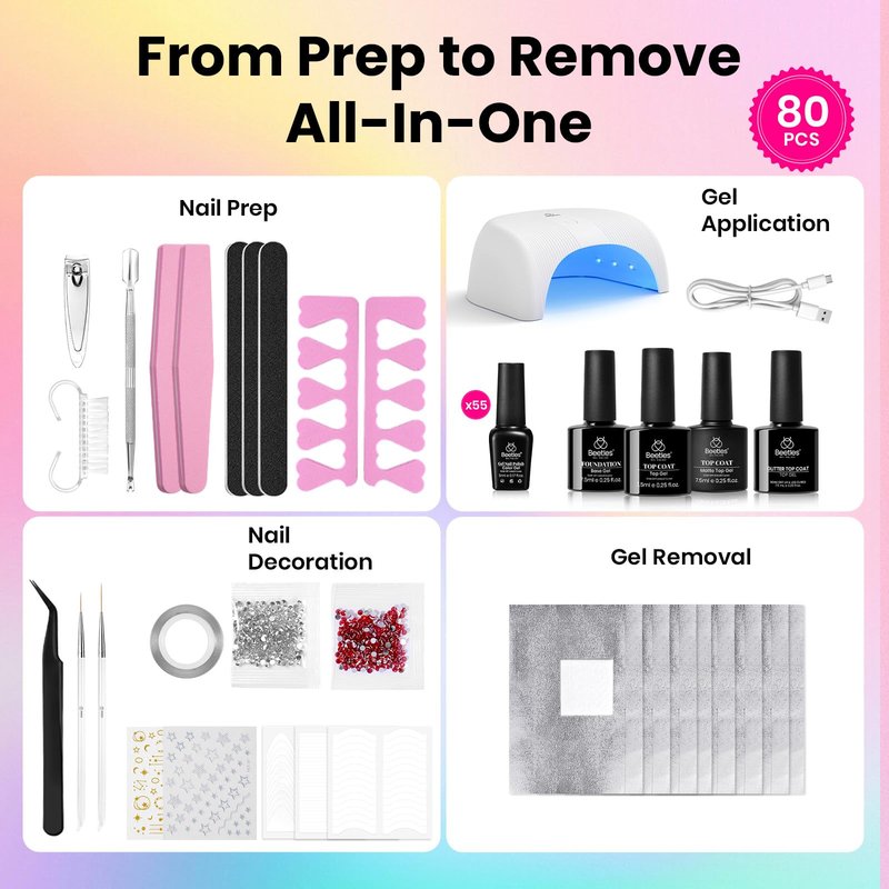 Beetles Gel Nail Polish Kit with U V Light - 80Pcs Color Enchantment 55 Colors Gel Nail Kit with Everything Base Top Coat Beginner Starter at Home Nails Kit Manicure DIY Salon Tools Gifts for Women