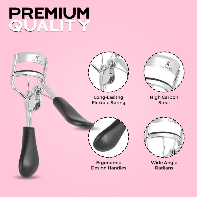 SILVEXA Eyelash Curler with Comfort Grip – Professional Stainless Steel Lash Curler with Soft Silicone Pads | No-Pinch, Long-Lasting Curl for All Eye Shapes | Ergonomic Handle Makeup Tool (Black)