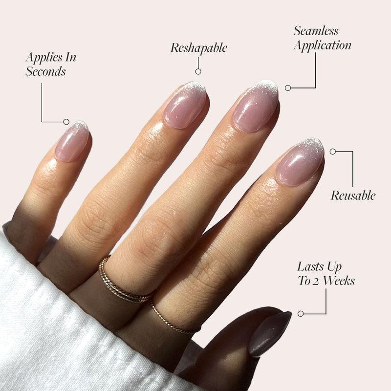Glamnetic Press On Nails - Fairy Dust Short Oval Beige-Pink | Metallic Finish, 15 Sizes in 30 Nail Kit with Glue