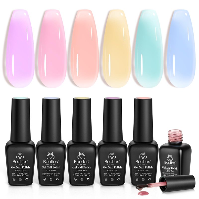 Beetles Pastel Gel Nail Polish Set - 6 Colors Spring Jelly Gel Polish Kit Pink Blue Purple Orange Yellow Green Sheer Translucent Effect Soak Off UV Macaron Dream Nail Art DIY Gift for Women