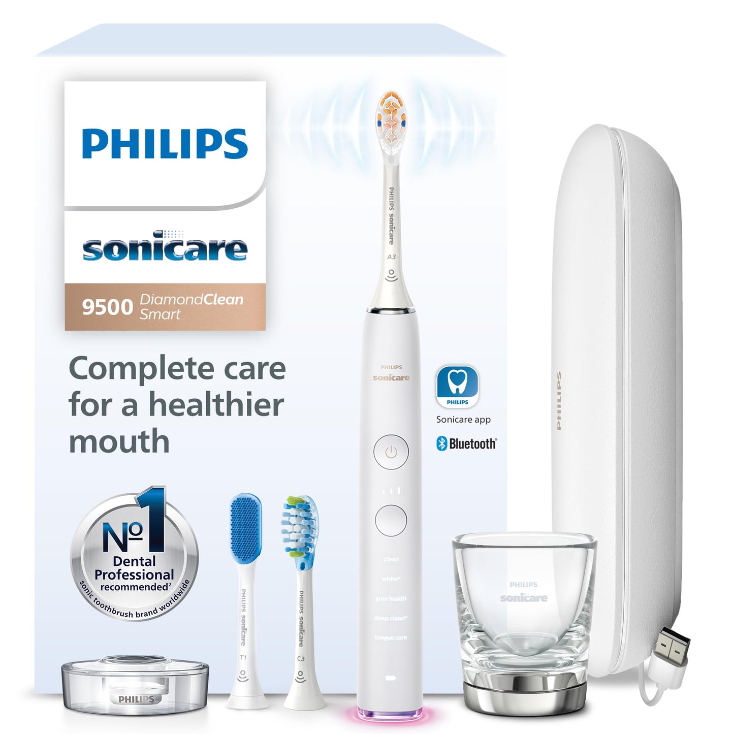 Philips Sonicare DiamondClean Smart 9500 Electric Toothbrush - Sonic Toothbrush with App, Pressure Sensor, 15 Brushing Settings, Replacement Reminder, USB Charging Travel Case, White, Model HX9923/01