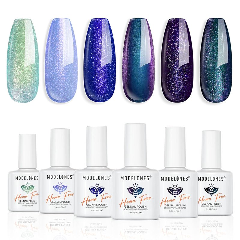 Glitter Gel Nail Polish Set - Hema-Free Chameleon Aurora Shimmer | 6 Colors for Nail Art Design