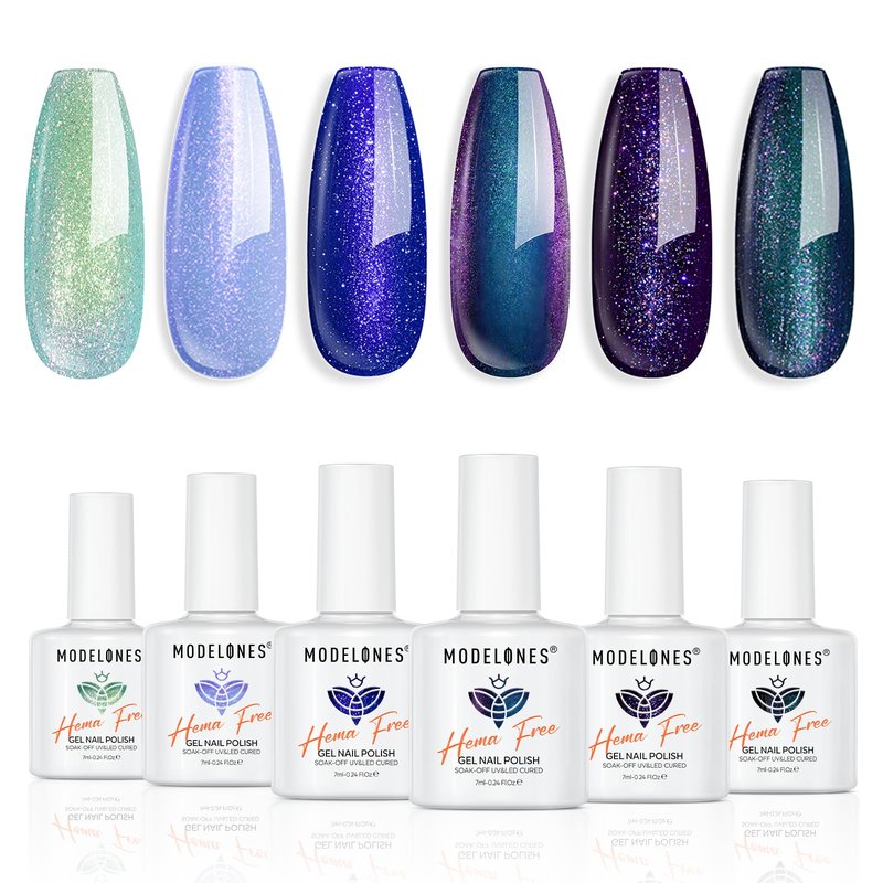 modelones Glitter Gel Nail Polish Set, Hema-Free Summer 6 Colors Chameleon Aurora Shimmer Glitter Gel Polish Kit Blue Green Purple Gel Polish Sparkly Nail Gel Kit Nail Art Design Gel Gifts for Women