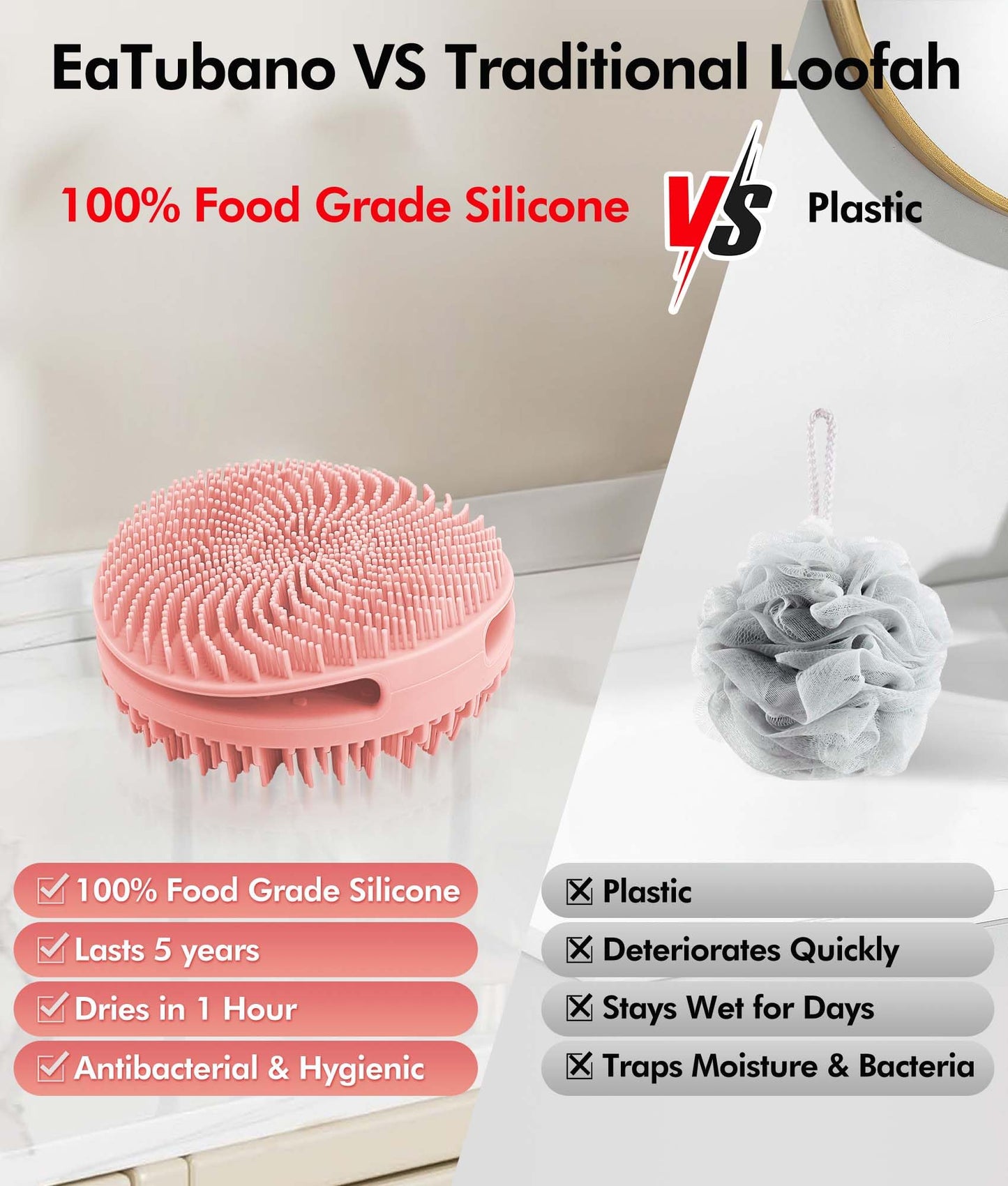 EaTubano Silicone Body Scrubber - 2 Pack Dual-Sided Exfoliating & Massage Scrubber for Women & Men, Rich Foaming Gentle Back Scrubber for All Skin Types (Pink+Grey)