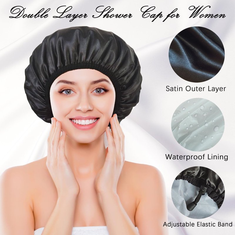 Shower Cap for Women, Large Shower Caps Reusable Waterproof with Elastic Band, Silky Satin Double-layer Bath Cap for Braids Long Hair