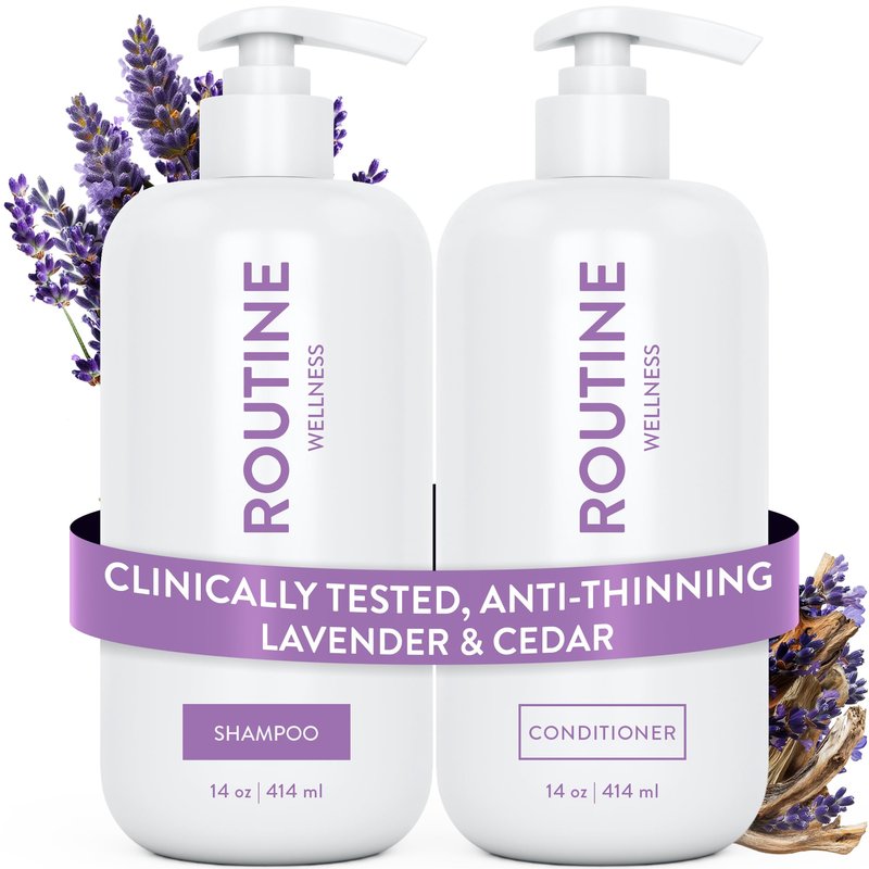 Routine Wellness Anti-Thinning Shampoo and Conditioner Set for Thinning Hair - Biotin DHT Blocker Women & Men - Color Safe Shampoo for Hair Loss & Healthier Hair - Lavender & Cedar Set
