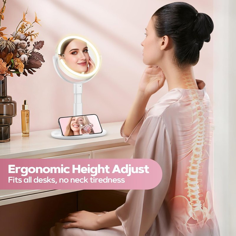 Makeup Mirror with Lights - 30X Magnifying & Height Adjustable | 3 Light Modes, Stepless Dimming, White Vanity Mirror