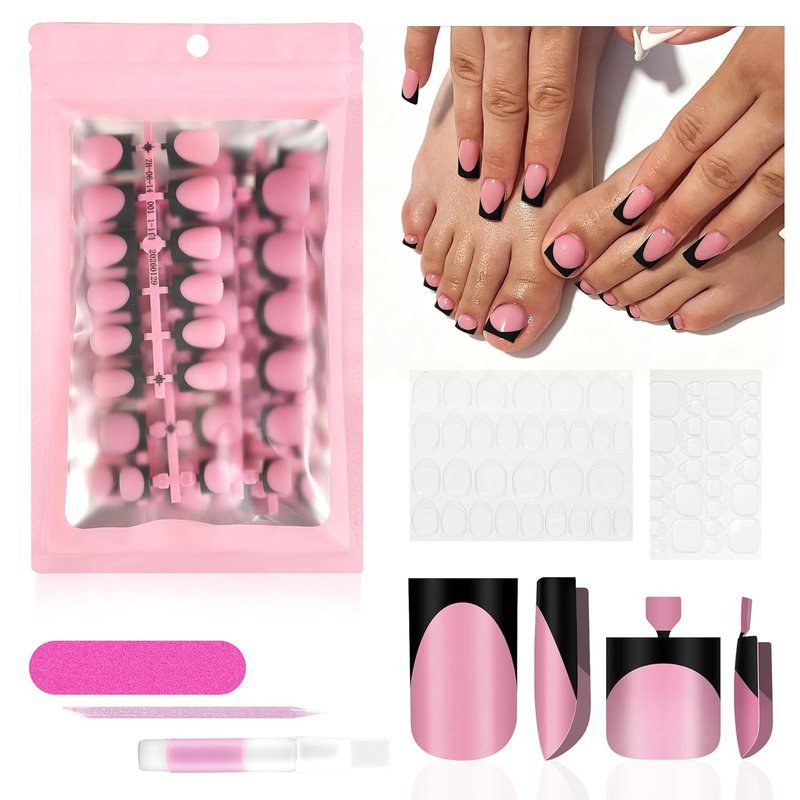 Skiennix 60Pcs Black French Tip Press-On Nails Set - Square Acrylic Full Cover Nails & Toenails for DIY Manicure