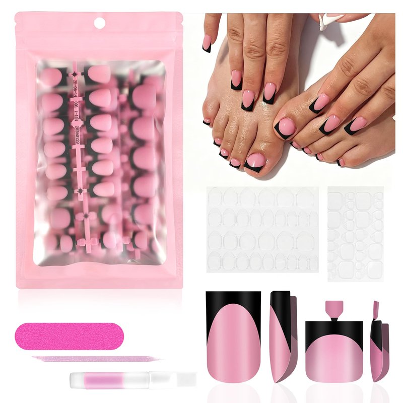 60Pcs Black French Tip Press on Nails & Press on Toenails Set, Square Fake Nails Kit with Nail Glue, 15 Sizes Acrylic Full Cover Toe Nail Press Ons Stick on Nails for Women DIY Home Manicure