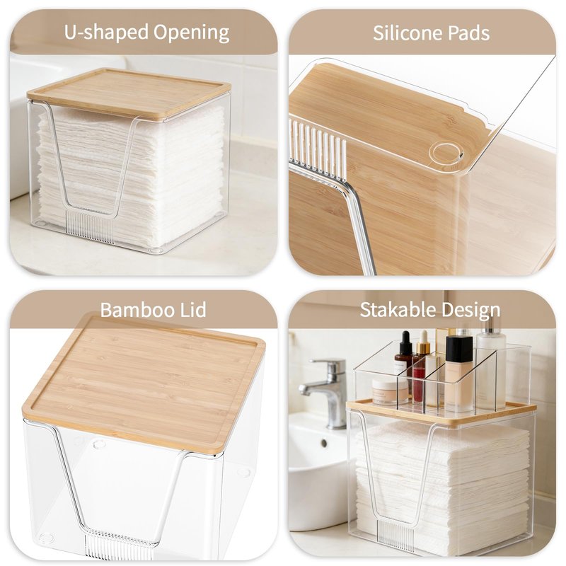 2 in 1 Disposable Facial Towel Holder and Cosmetic Organizer, Clear Storage with Bamboo Lid Compatible with Clean Skin Club Towel XL, Stackable Vanity Organizer for Bathroom Vanity Counter (1 Pack)
