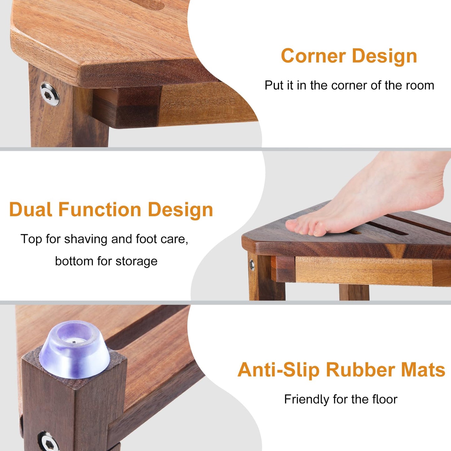 Yaoyiizy Shower Foot Rest 13.5in, Acacia Wood Shower Stool for Shaving Legs, Small Foot Stool with Storage Shelf, for Inside Small Shower Spaces