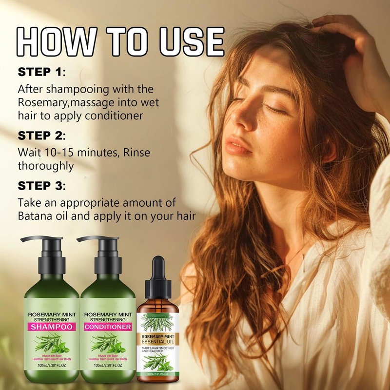 Rosemary Mint Strengthening Shampoo and Conditioner with Hair Oil, Rosemary Hair Treatment Set For Strengthens Hair, Nourish & Smooth for Thin Hair, Reduce Frizz and Hair Loss, Add Shine