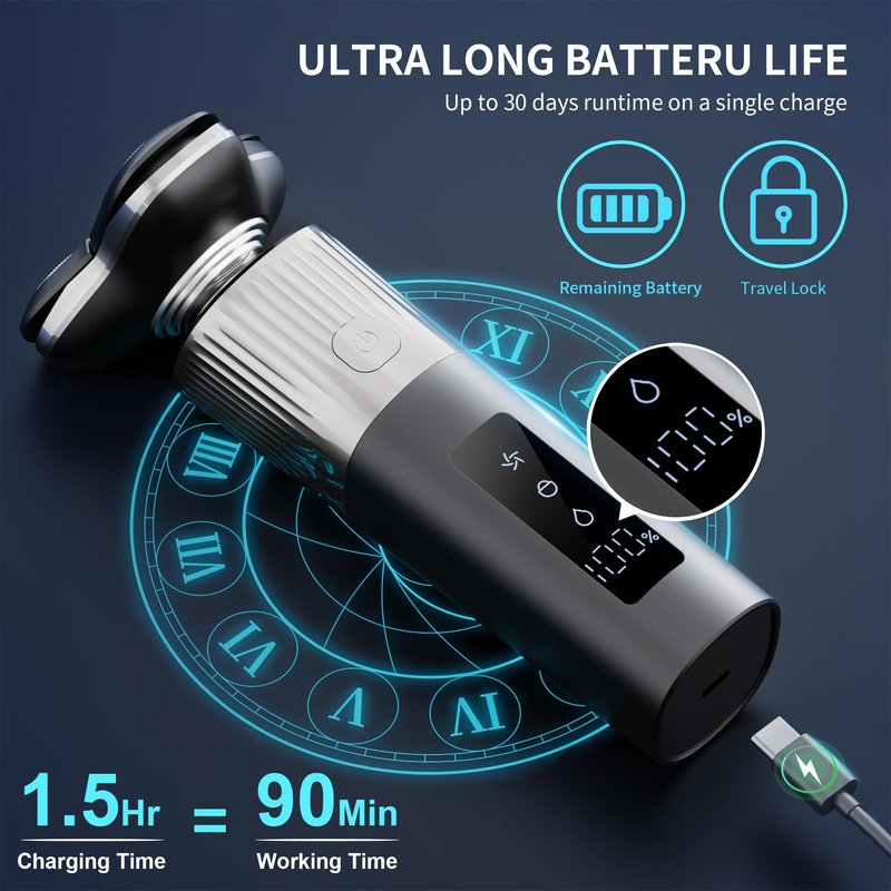 Electric Razor for Men 8011 Series, 4D Floating Rotary Head, IPX7 Waterproof Wet & Dry Use, USB-C Fast Charge, 90Min Runtime, Hypoallergenic Blades, Portable Travel Grooming Kit