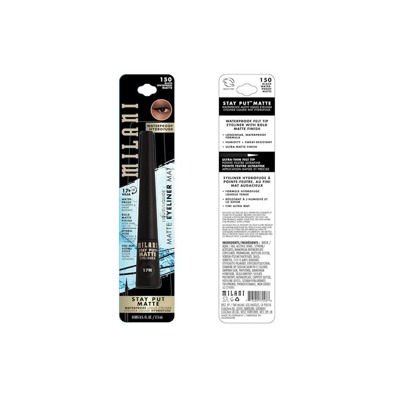 Milani Stay Put Matte Liquid Eyeliner - Waterproof Black, 17-Hour Wear, Smudgeproof & Vegan