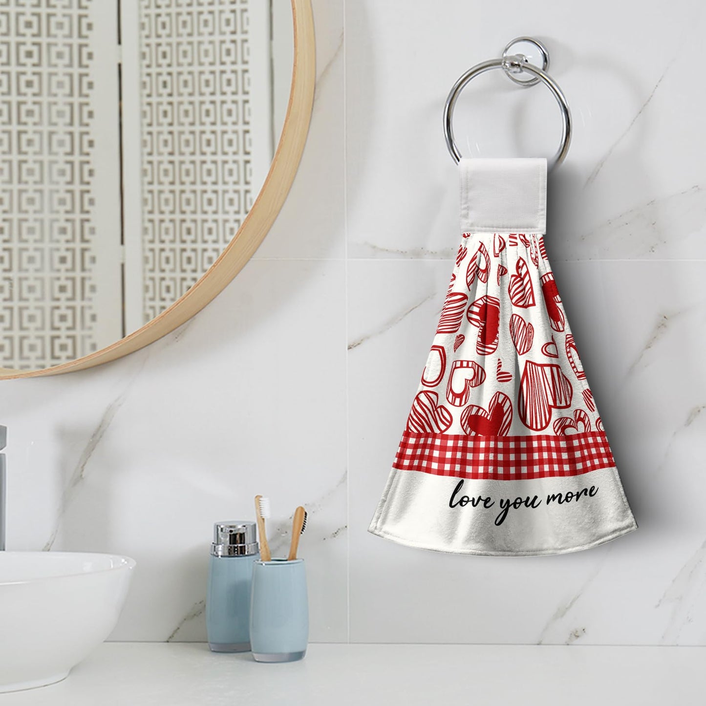Kwlegh Valentines Day Hanging Kitchen Towels Set of 2 Valentine Red Heart Buffalo Plaid Hand Towels with Hanging Loops Seasonal Sweet Holiday Fingertip Oven Towels hanging Soft Absorbent Bar Tie Towel