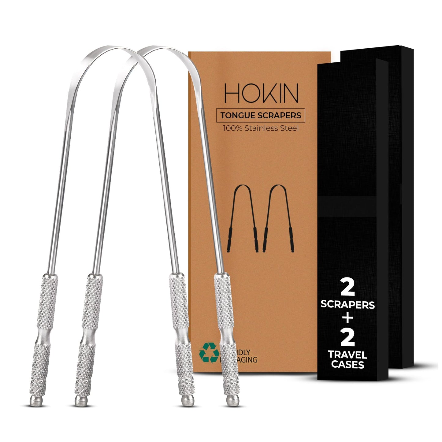 Tongue Scraper for Adults by HOKIN (2Pcs Oral Care Pack) Stainless Steel Tongue Cleaners Reduce Bad Breath 100% Metal Tough Scrapers Men and Women Hygiene Product