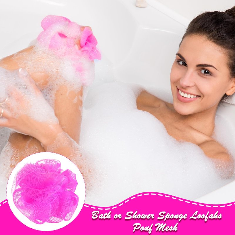 Shellwei 24 Pcs 3 Inch Mini Loofah Travel Size Bulk Shower Sponge Pouf Mesh for Women Kids Men Exfoliating Body Scrubber Baby Shower Favor(Rose Red)