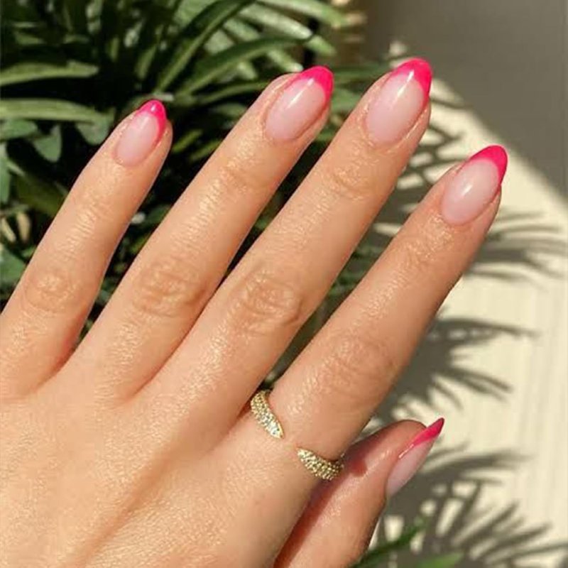 Modelones French Tip Press-On Nails - Reusable Short Oval Fake Nails Kit | 32 Pcs in Hot Pink, 16 Sizes