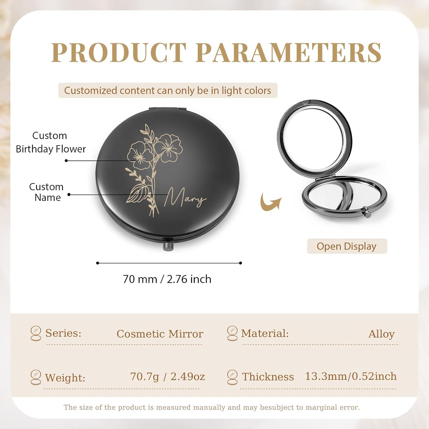 Skiennix Personalized Compact Mirror - Custom Birthflower Travel Makeup Mirror for Women | Black
