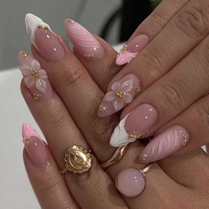 French Tip Press-On Nails - 24 Pcs Medium Almond with 5D Flower Pearls | Pink Glossy Full Cover