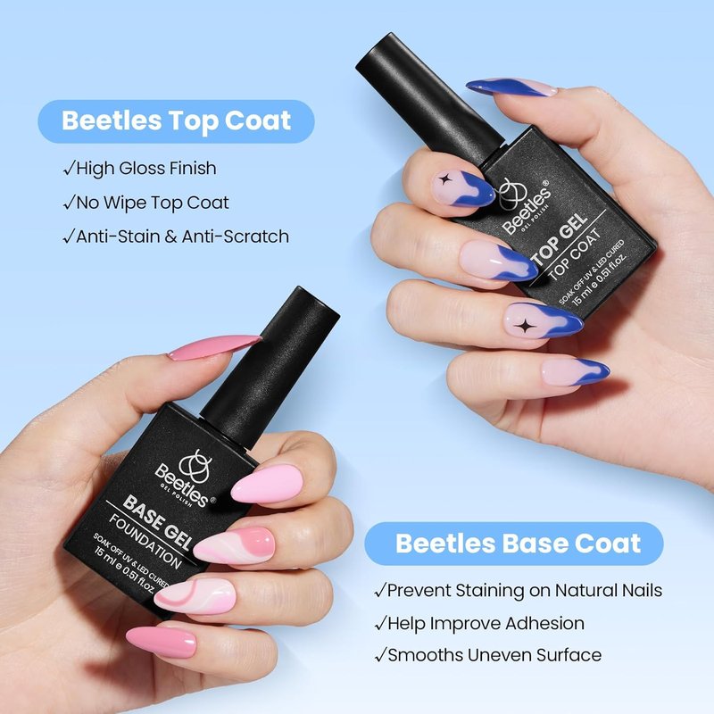 Beetles No Wipe Gel Top Coat & Base Coat Set - 2Pcs 15ml | Super Shiny, Long Lasting Nail Polish