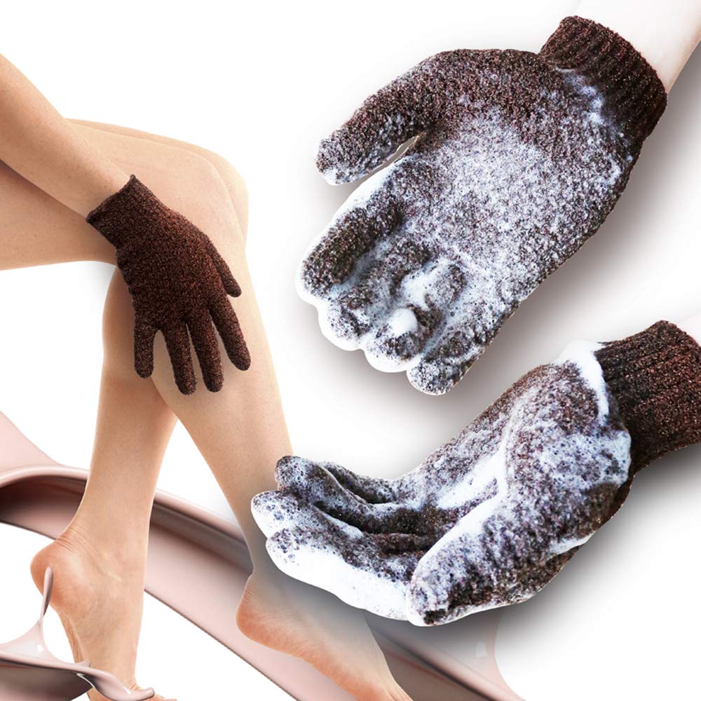 MIG4U Heavy Exfoliating Shower Gloves for Bath, Premium Nylon Body Wash Bathing Gloves for Men Women Spa, Massage and Skin Scrub, Dead Skin Remover with Hanging Loop, Brown,Regular Size