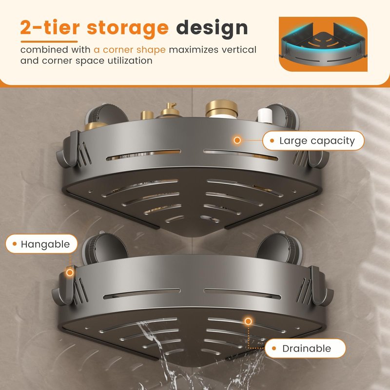 PHX Grove Corner Shower Caddy 2-Pack, Suction Cup Shower Organizer with Hooks, No Drilling Rustproof Aluminum Floating Wall Shelf, Gun Grey, Triangular (Triangular)