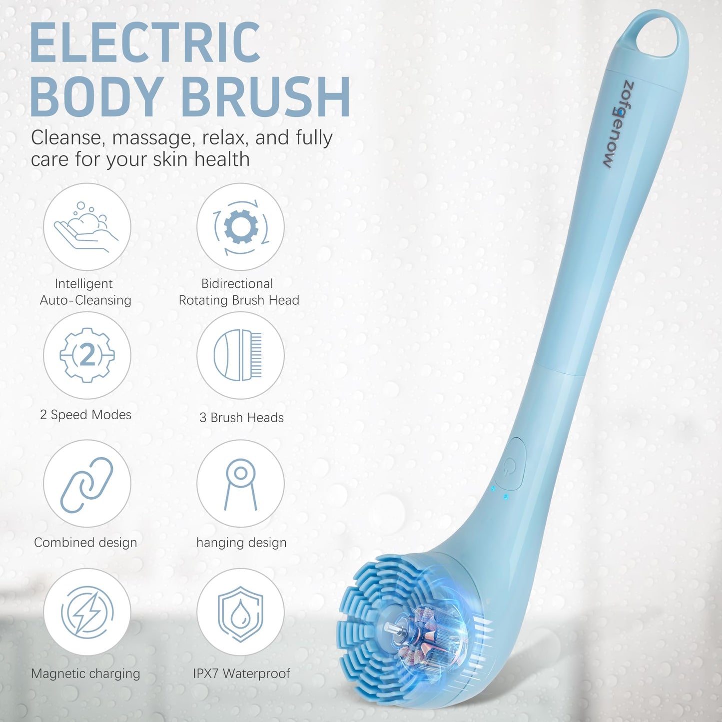 ZOFGENOW Electric Body Brush, Waterproof Back Scrubber for Shower with Long Handle and 3 Heads, Rechargeable Exfoliating Brush for Body and Foot, Deep Cleansing Massager, Blue