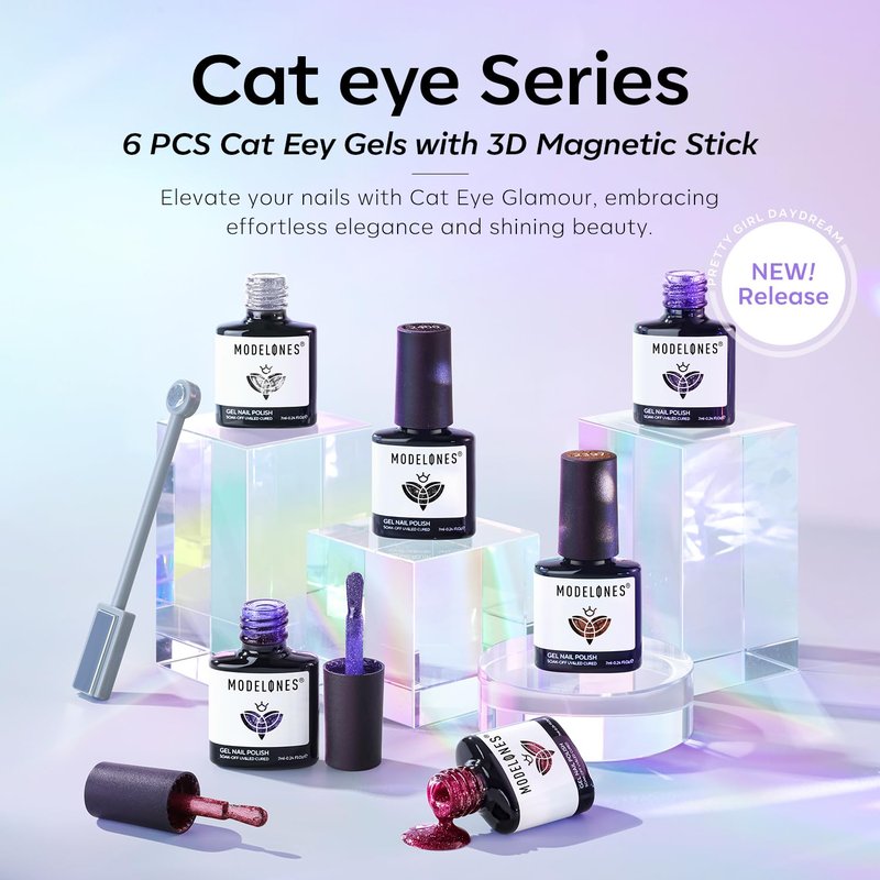 modelones Cat Eye Gel Nail Polish Set, 6 Colors Winter 9D Glassy Cat Eye Glitter Gel Polish Black Red Purple Blue Silver Brown Nail Polish with Magnet Soak Off LED DIY Salon Gift
