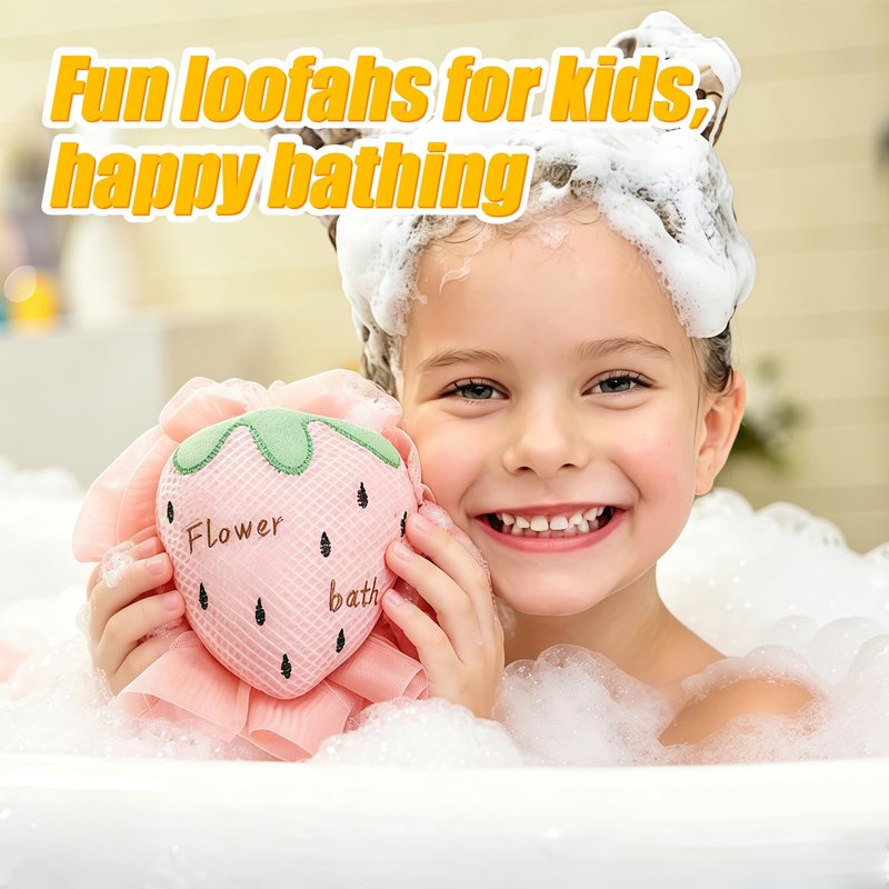 Kids Loofah, Cute Cartoon Animal Kids Bath Sponge with Hanging Rope, Soft Double Mesh for Rich Lather (Pink Strawberry)