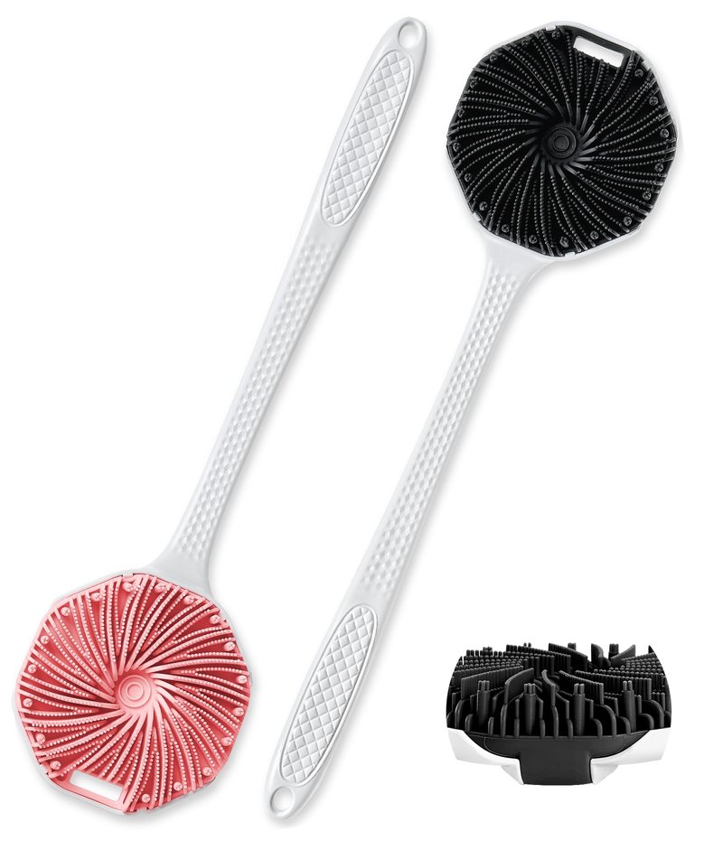 EaTubano Back Scrubber for Shower - Silicone Body Scrubber with Long Handle and Tornado Texture, 2 Pack for Super Exfoliating & Lathering for Rich Foam, Bath Massage Tool (Black+Pink)